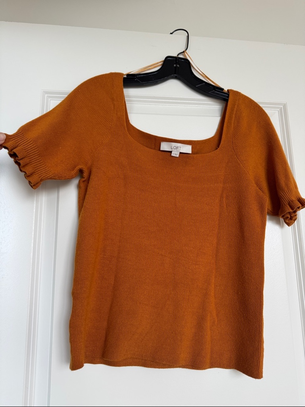 LOFT Short Sleeve Square Neck Knit Top in Rust Orange